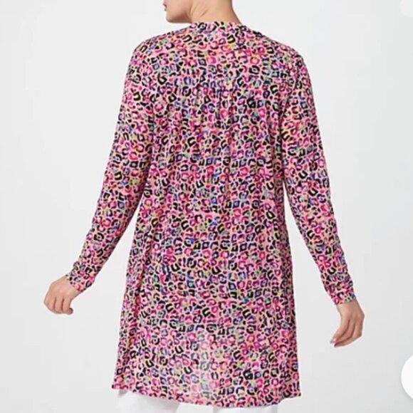 Logo by Lori Goldstein Size L Mesh Animal Print Open Front Duster Cardigan Pink - Picture 3 of 7